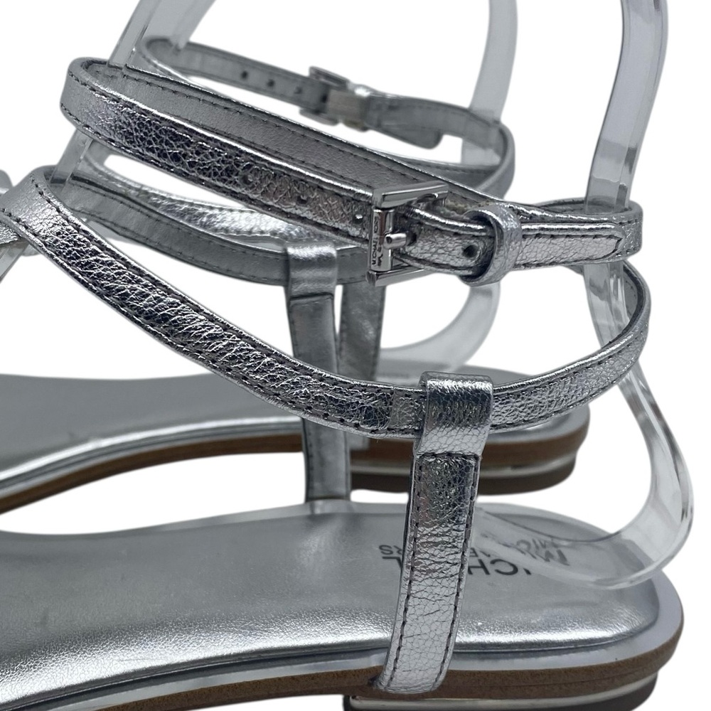 Michael Kors Womens Shoes Bella Sandals 8 Silver Leather Ruffled Flat Strappy - Picture 4 of 13